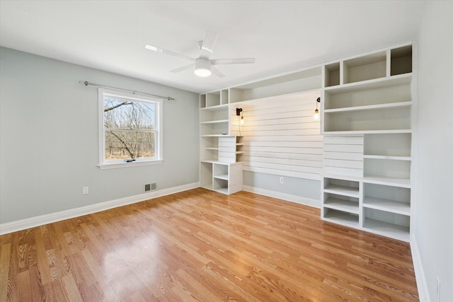 unfurnished living room with visible vents, baseboards, ceiling fan, and light wood finished floors