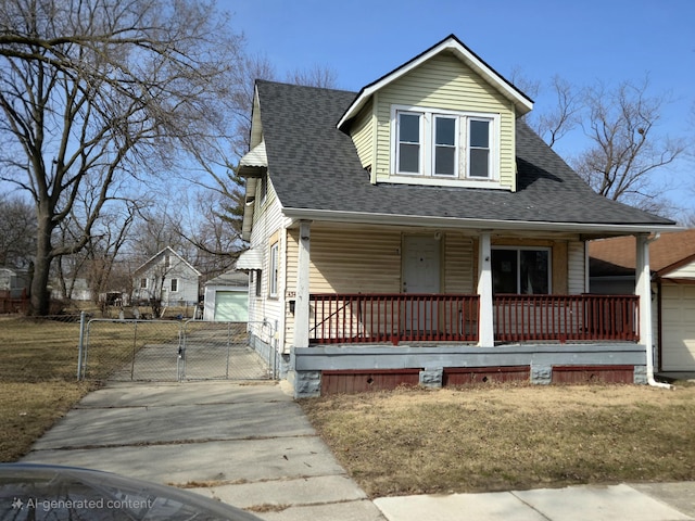 view of front of property with a shingled roof, a detached garage, a porch, an outbuilding, and a gate