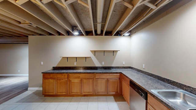 kitchen featuring light tile patterned floors, open shelves, a sink, dishwasher, and dark countertops