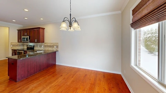 kitchen with decorative backsplash, crown molding, a wealth of natural light, and appliances with stainless steel finishes