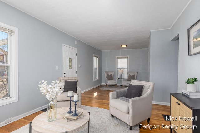 living area featuring wood finished floors, baseboards, and ornamental molding