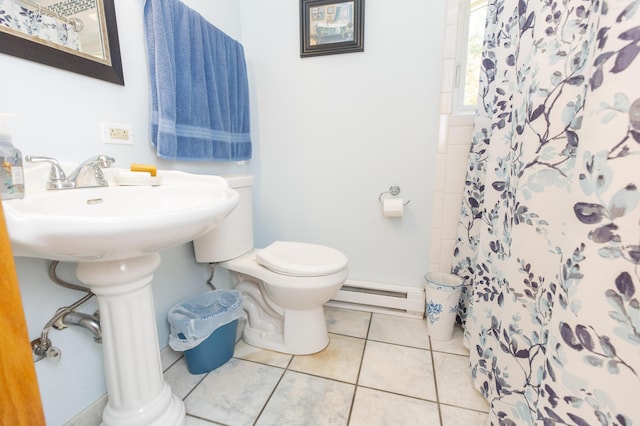 15797 Hillside Dr, Vandalia, MI 49095 - full bathroom featuring curtained shower, tile patterned floors, toilet, and baseboard heating