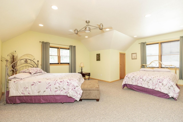 15797 Hillside Dr, Vandalia, MI 49095 - bedroom featuring baseboards, ceiling fan, vaulted ceiling, carpet flooring, and recessed lighting