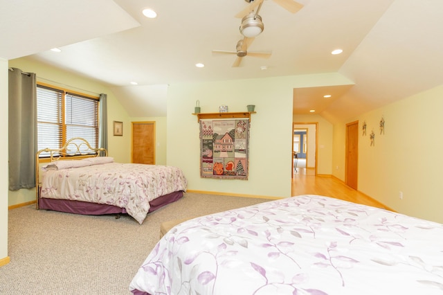 15797 Hillside Dr, Vandalia, MI 49095 - carpeted bedroom featuring a ceiling fan, lofted ceiling, recessed lighting, and baseboards