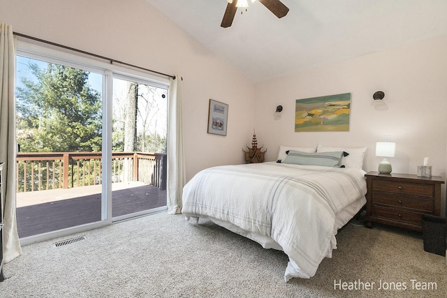 bedroom featuring a ceiling fan, carpet, visible vents, lofted ceiling, and access to outside