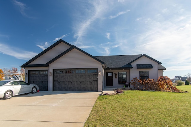 single story home with a shingled roof, concrete driveway, a garage, and a front lawn