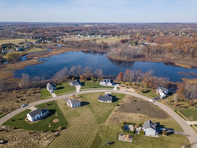 drone / aerial view featuring a water view