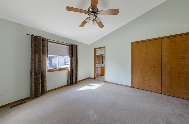 unfurnished bedroom with a ceiling fan, baseboards, visible vents, a closet, and light carpet