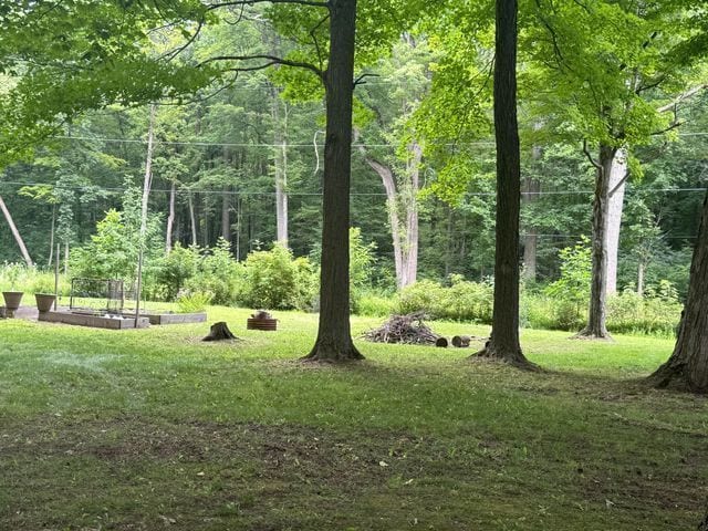 surrounding community with a garden, a view of trees, and a lawn