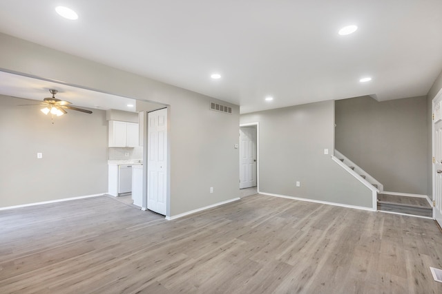 unfurnished living room with recessed lighting, ceiling fan, baseboards, and light wood-style floors