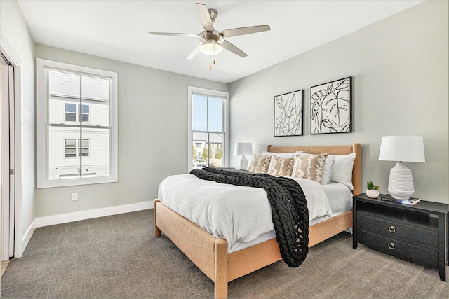 bedroom with carpet, baseboards, and ceiling fan