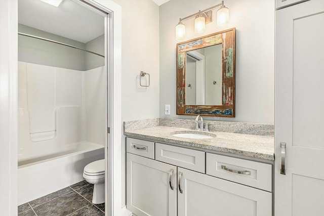 full bathroom featuring bathing tub / shower combination, toilet, and vanity