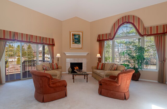 3845 Winding Brook Cir, Rochester Hills, MI 48309 - living room with carpet, a tiled fireplace, and baseboards
