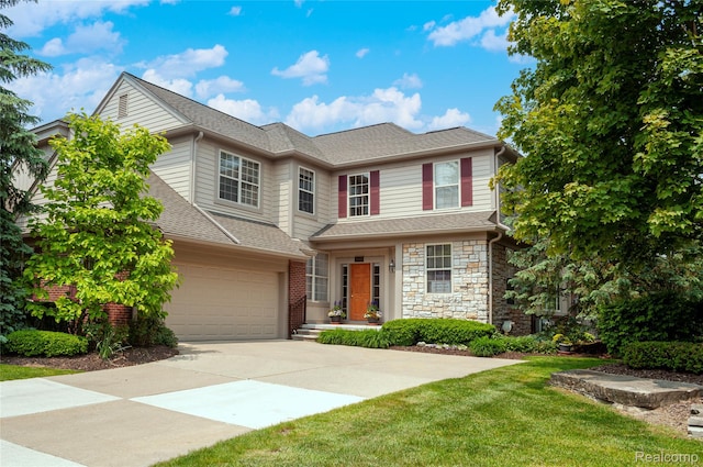 3845 Winding Brook Cir, Rochester Hills, MI 48309 - view of front facade with a garage, driveway, a front yard, and roof with shingles