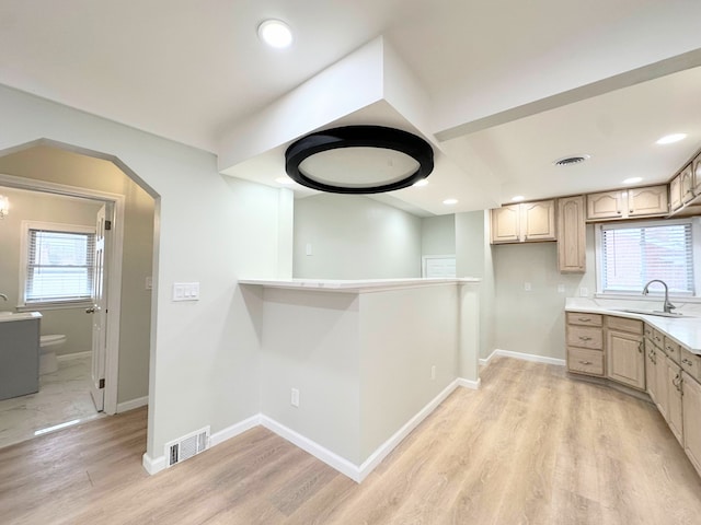 kitchen featuring a sink, visible vents, plenty of natural light, and light wood finished floors