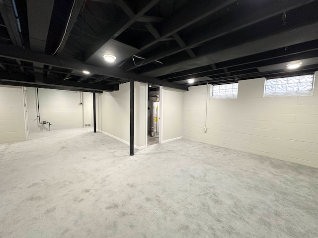 basement featuring gas water heater and carpet