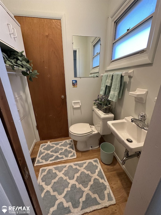 half bathroom featuring toilet, wood finished floors, and a sink