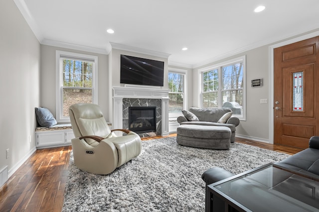 living area with baseboards, wood finished floors, a fireplace, and ornamental molding