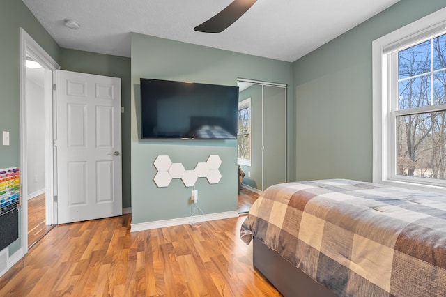 bedroom featuring a closet, multiple windows, and light wood-style floors