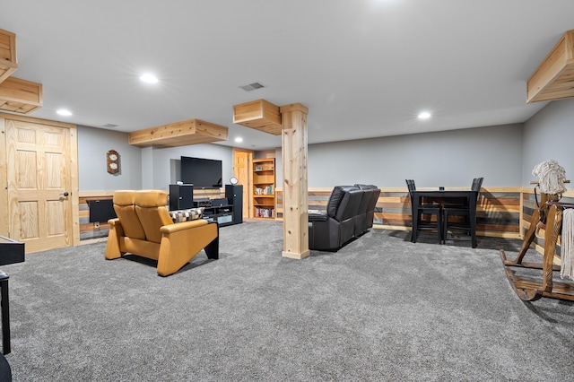 carpeted living room with recessed lighting and visible vents