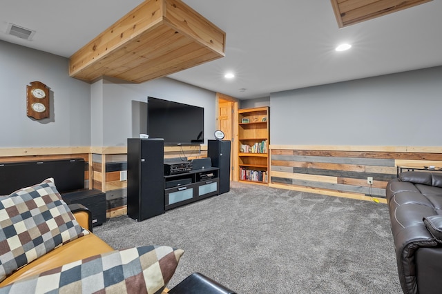 living room with recessed lighting, carpet, and visible vents