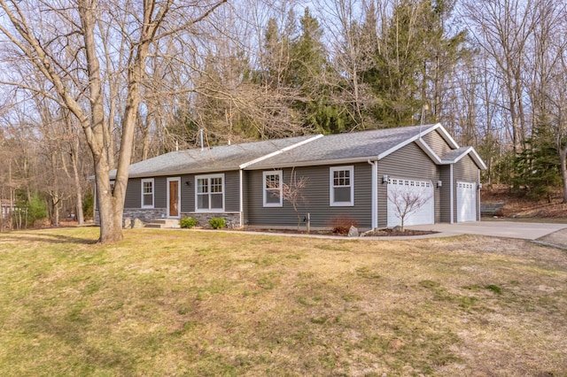 single story home featuring driveway, a front lawn, stone siding, roof with shingles, and an attached garage