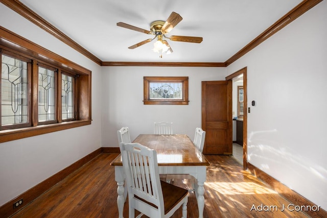 dining room with ceiling fan, dark wood-style floors, baseboards, and ornamental molding