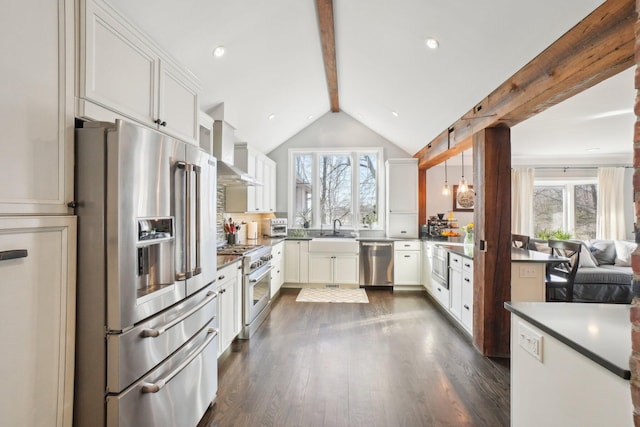 kitchen with dark wood-type flooring, wall chimney exhaust hood, high end appliances, and a wealth of natural light