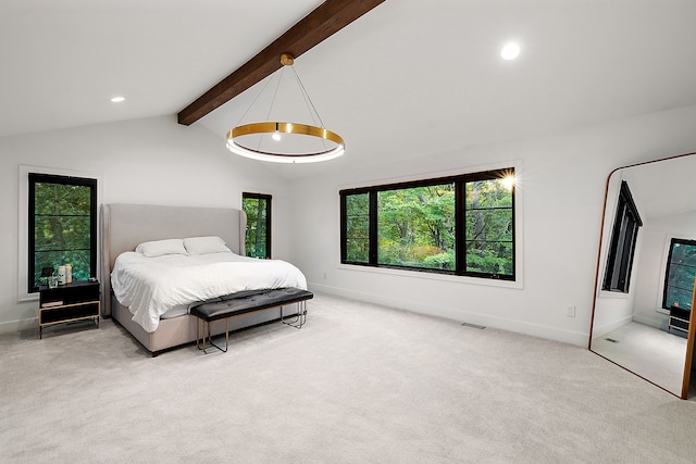 carpeted bedroom featuring recessed lighting, vaulted ceiling with beams, visible vents, and baseboards