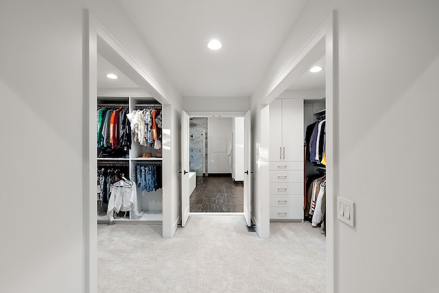 walk in closet with light carpet