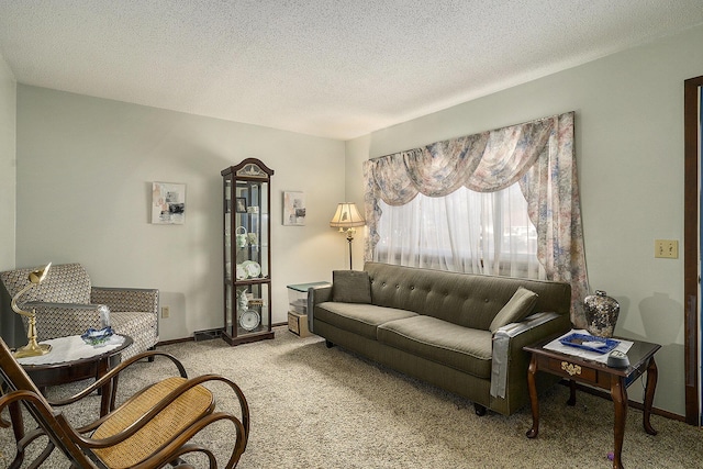 living area with baseboards, light colored carpet, and a textured ceiling