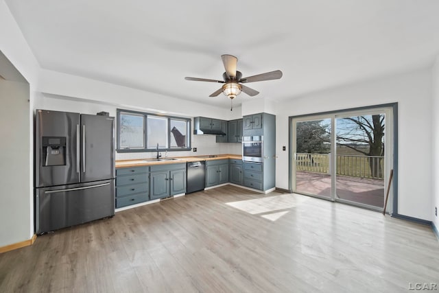 kitchen with a sink, wood counters, light wood-type flooring, and appliances with stainless steel finishes