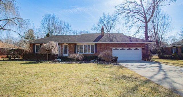 ranch-style home featuring a front yard, an attached garage, a chimney, concrete driveway, and brick siding