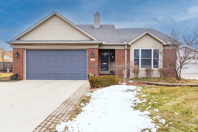 single story home featuring concrete driveway, an attached garage, brick siding, and a chimney