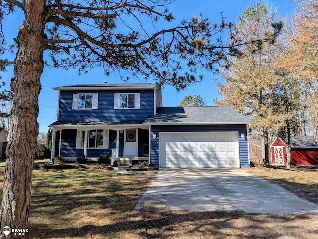 traditional home featuring a porch, an attached garage, concrete driveway, a front lawn, and a storage unit