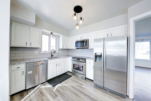 kitchen featuring light stone countertops, a sink, stainless steel appliances, white cabinetry, and backsplash