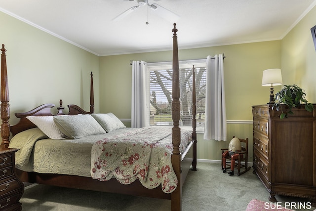 bedroom with ornamental molding, baseboards, and light carpet