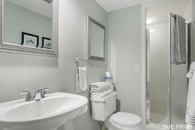 full bathroom featuring a stall shower, toilet, and a sink