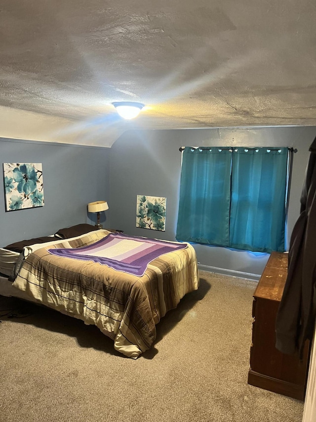 bedroom with a textured ceiling and carpet floors