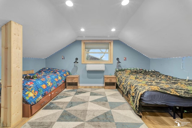 bedroom featuring recessed lighting, lofted ceiling, and wood finished floors