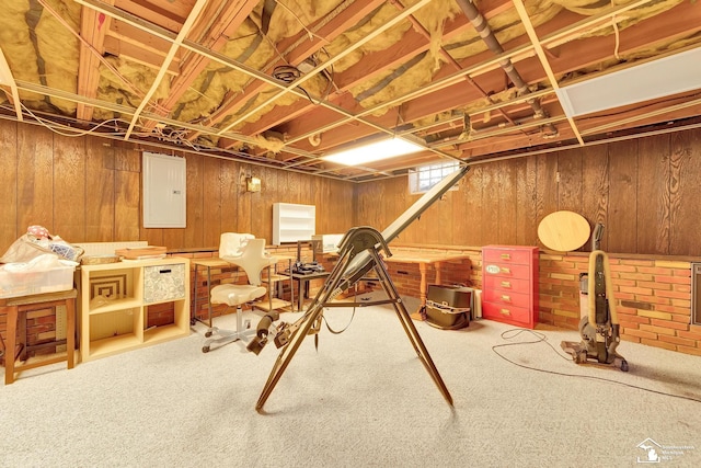 basement featuring carpet flooring, electric panel, and wood walls