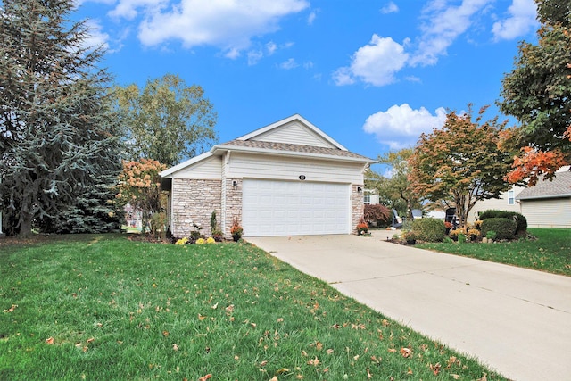 view of property exterior with stone siding, an attached garage, concrete driveway, and a yard