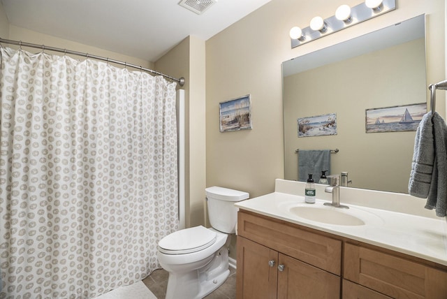 bathroom with tile patterned flooring, visible vents, curtained shower, toilet, and vanity