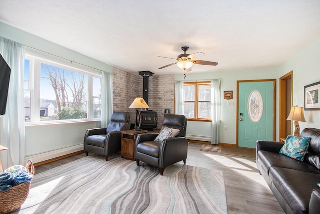 living area featuring a baseboard heating unit, plenty of natural light, wood finished floors, and a baseboard radiator