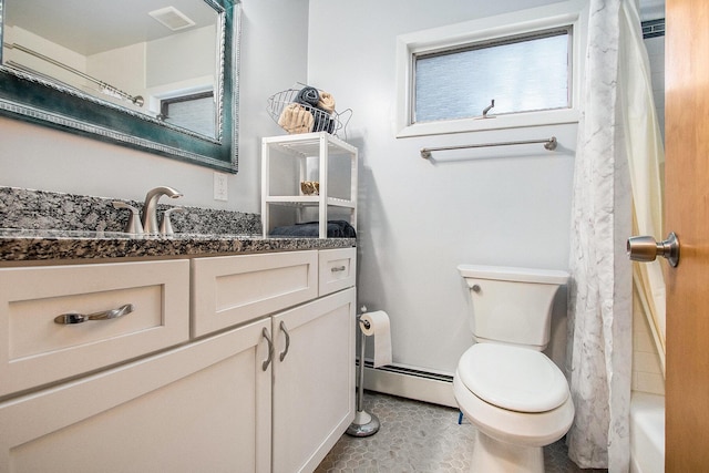 bathroom featuring visible vents, a shower with curtain, toilet, a baseboard radiator, and vanity