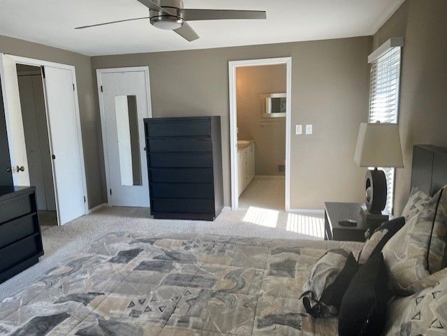 bedroom with a ceiling fan, carpet, and connected bathroom