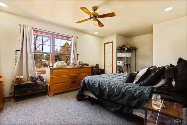 carpeted bedroom with recessed lighting and ceiling fan