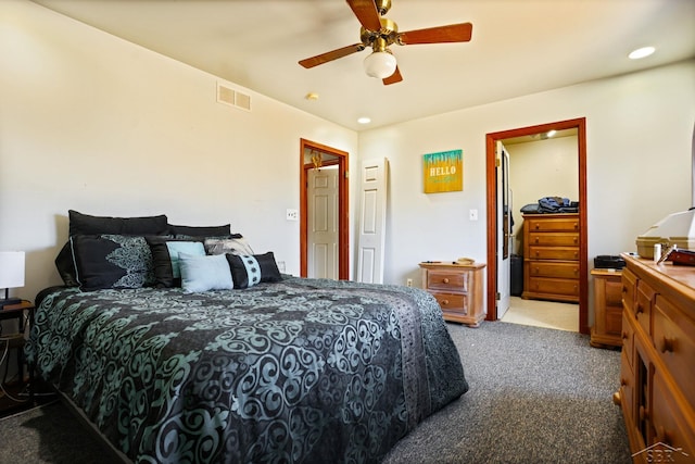 bedroom featuring visible vents, recessed lighting, a ceiling fan, and carpet floors