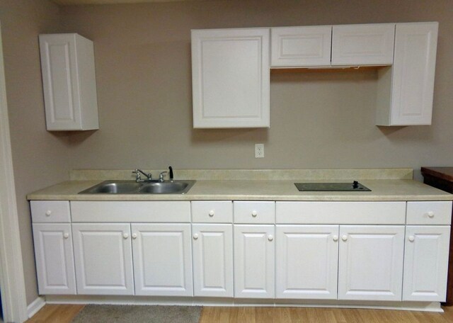 kitchen featuring white cabinets, light countertops, and a sink