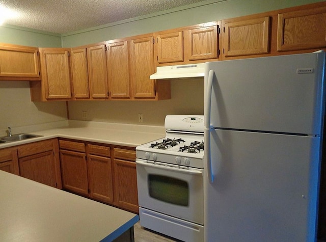 kitchen featuring under cabinet range hood, white appliances, light countertops, and a sink